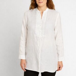 CBNY  White Linen Blouse Women’s 12 Button Front Embroidered Lace Vintage wb